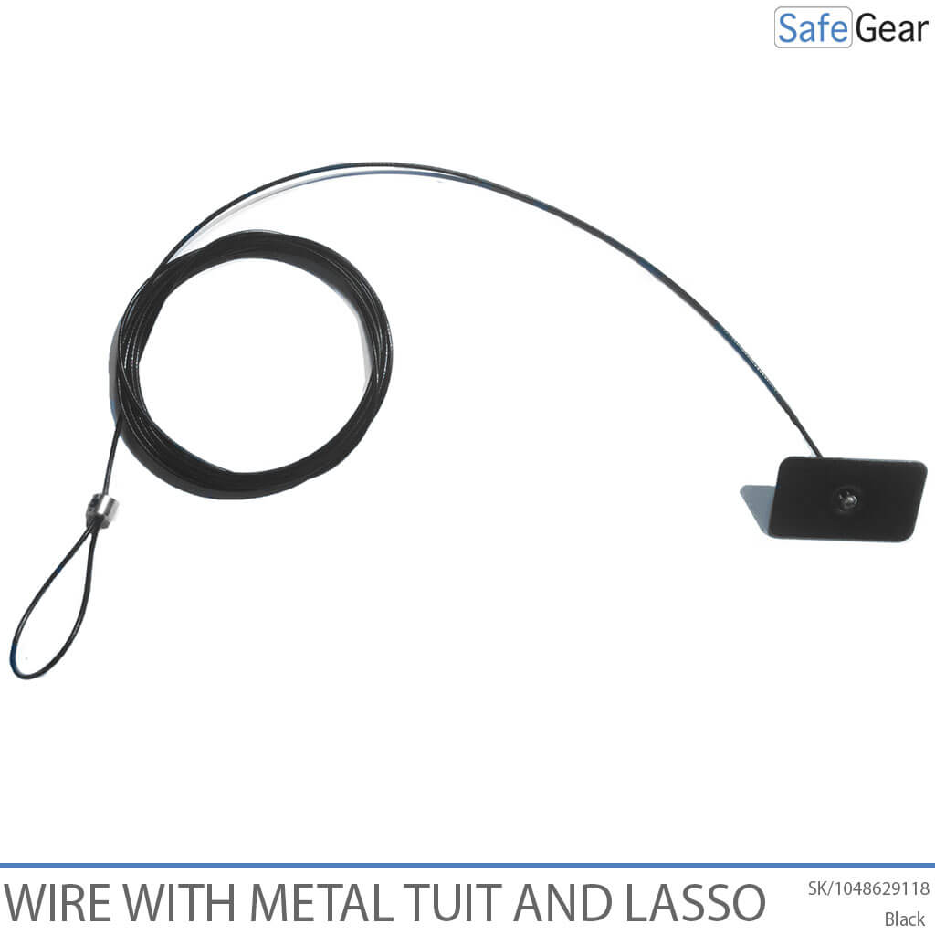 Security wire with metal plate and adjustable lasso, black